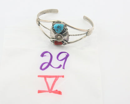 Navajo Bracelet 925 Silver Coral & Turquoise Cuff Signed AR Arrow C.80's