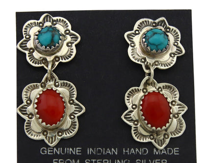 Navajo Earrings 925 Silver Turquoise & Coral Artist Signed Mary Ellen C.80's