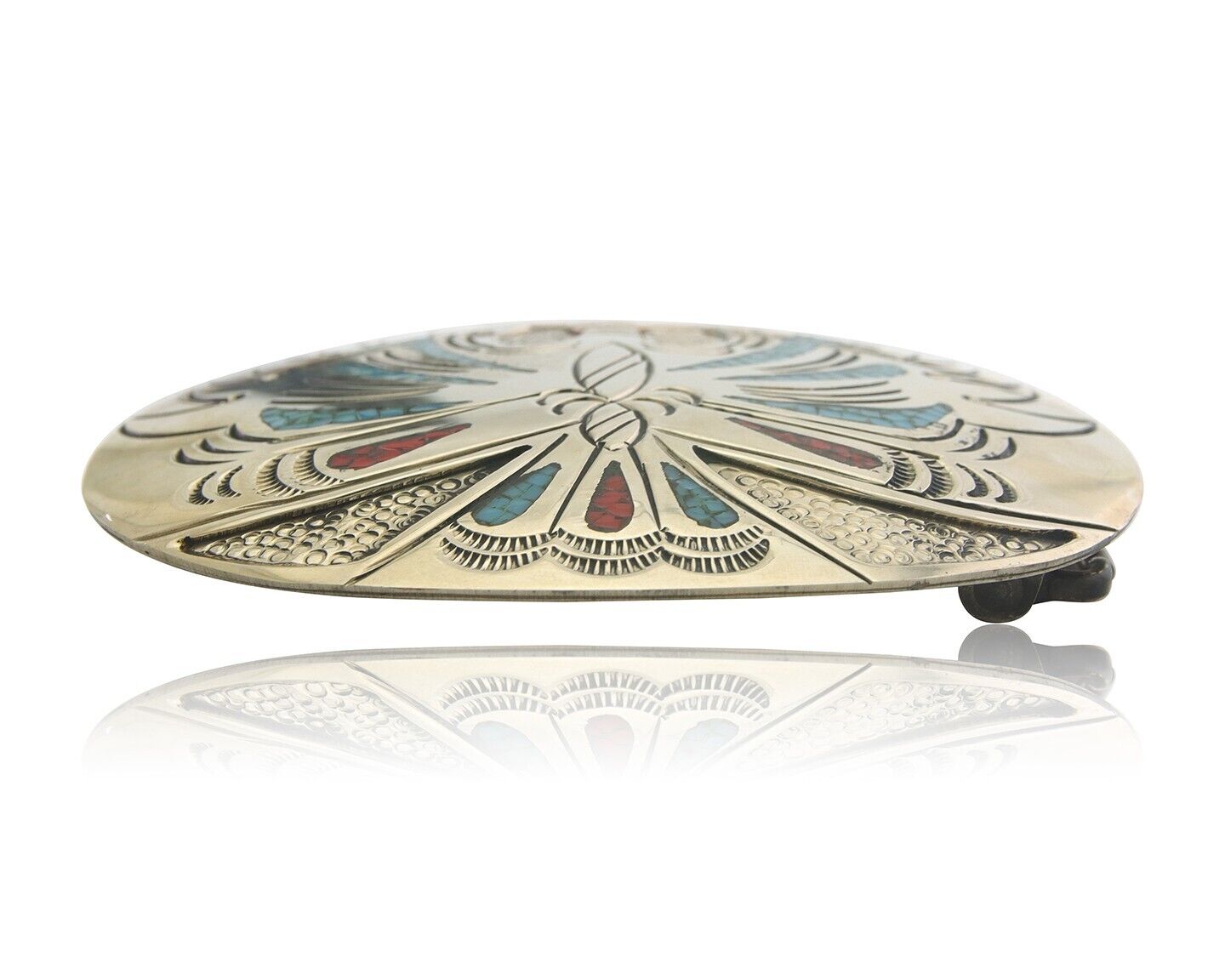 Navajo Belt Buckle .999 Nickel Buffalo Gemstone Signed Chee Keams 3x3.5 in C.80s