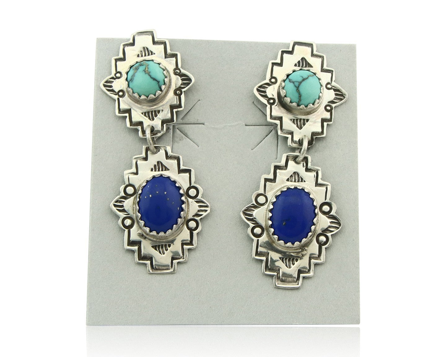 Navajo Earrings Sterling Silver Lapis & Truquoise Vintage Signed Mary Ellen