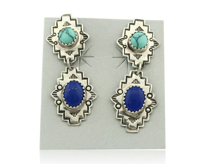 Navajo Earrings Sterling Silver Lapis & Truquoise Vintage Signed Mary Ellen