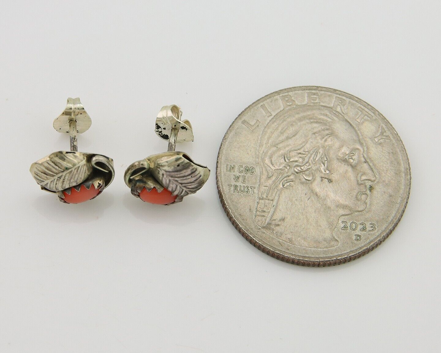 Navajo Earrings 925 Silver Natural Red Coral Native American Artist C.80's