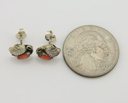 Navajo Earrings 925 Silver Natural Red Coral Native American Artist C.80's