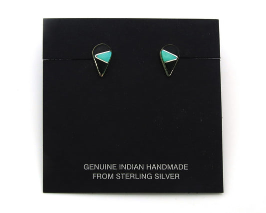 Navajo Earrings Sterling Silver Inlaid Onyx & Turquoise Vintage