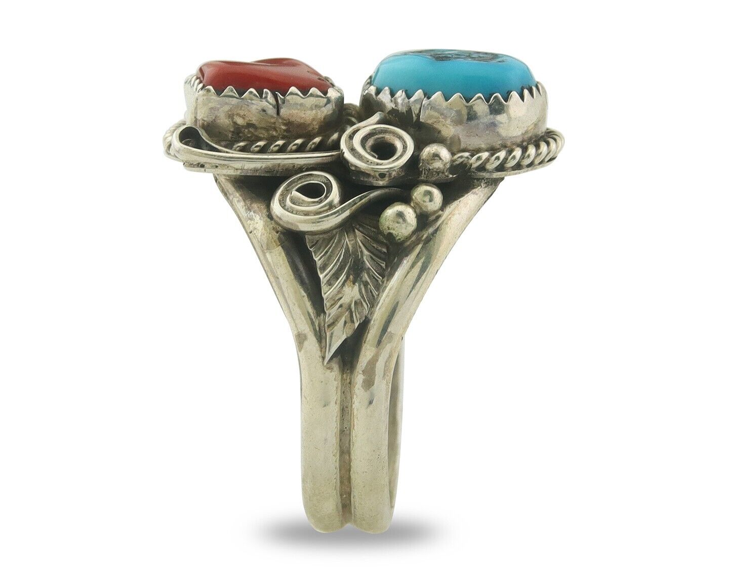 Men Navajo Ring 925 Sterling Natural Coral & Turquoise Signed JM C.80's Sz 12.25