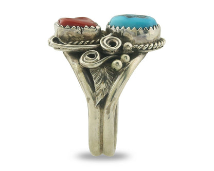 Men Navajo Ring 925 Sterling Natural Coral & Turquoise Signed JM C.80's Sz 12.25