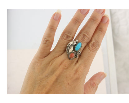 Navajo Ring 925 Sterling Natural Coral & Turquoise Signed EH C.80's Size 7.25