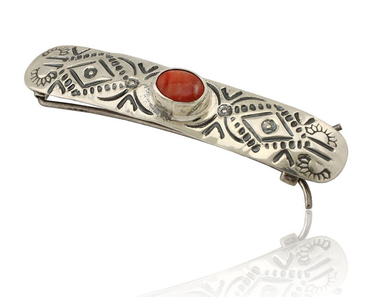 Women Navajo Hair Clip Barrette 925 Silver White Red Spiney Oyster Native Artist