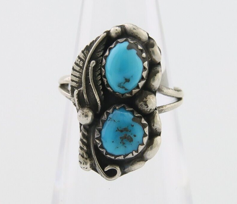 Navajo Ring 925 Silver Natural Blue Turquoise Artist Signed SC C.80's Size 4.0