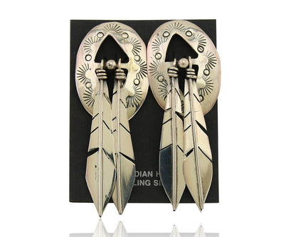 Navajo Feather Earrings 925 Silver Dangle Artist Signed DISHTA C.80's