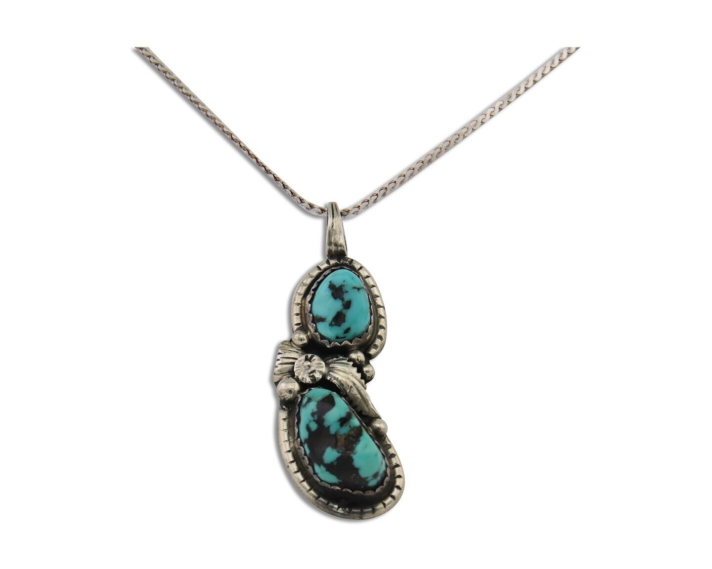 Navajo Necklace 925 Silver Natural Blue Turquoise Artist Signed Tom Willeto C80s