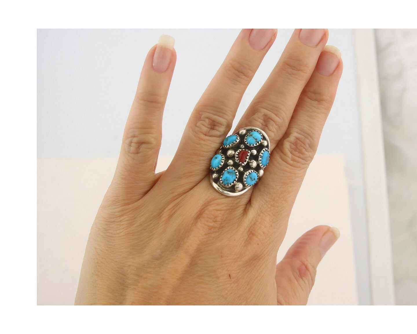 Navajo Ring 925 Sterling Natural Coral & Turquoise Signed MM C.80's Size 6.25