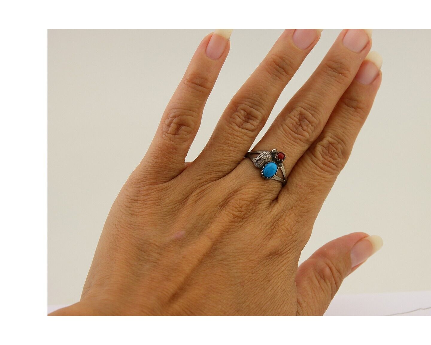 Navajo Handmade Ring 925 Silver Turquoise & Coral Native Artist C.80's