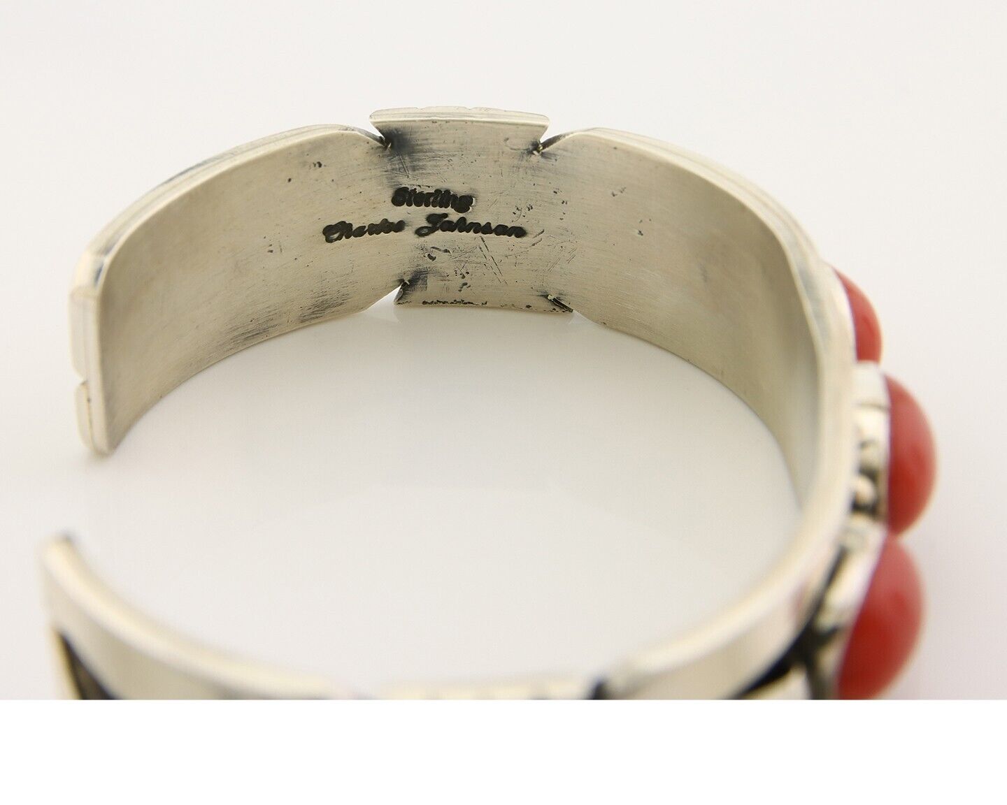 Navajo Bracelet .925 Silver Red Coral Cuff Signed Charles Johnson C.80's