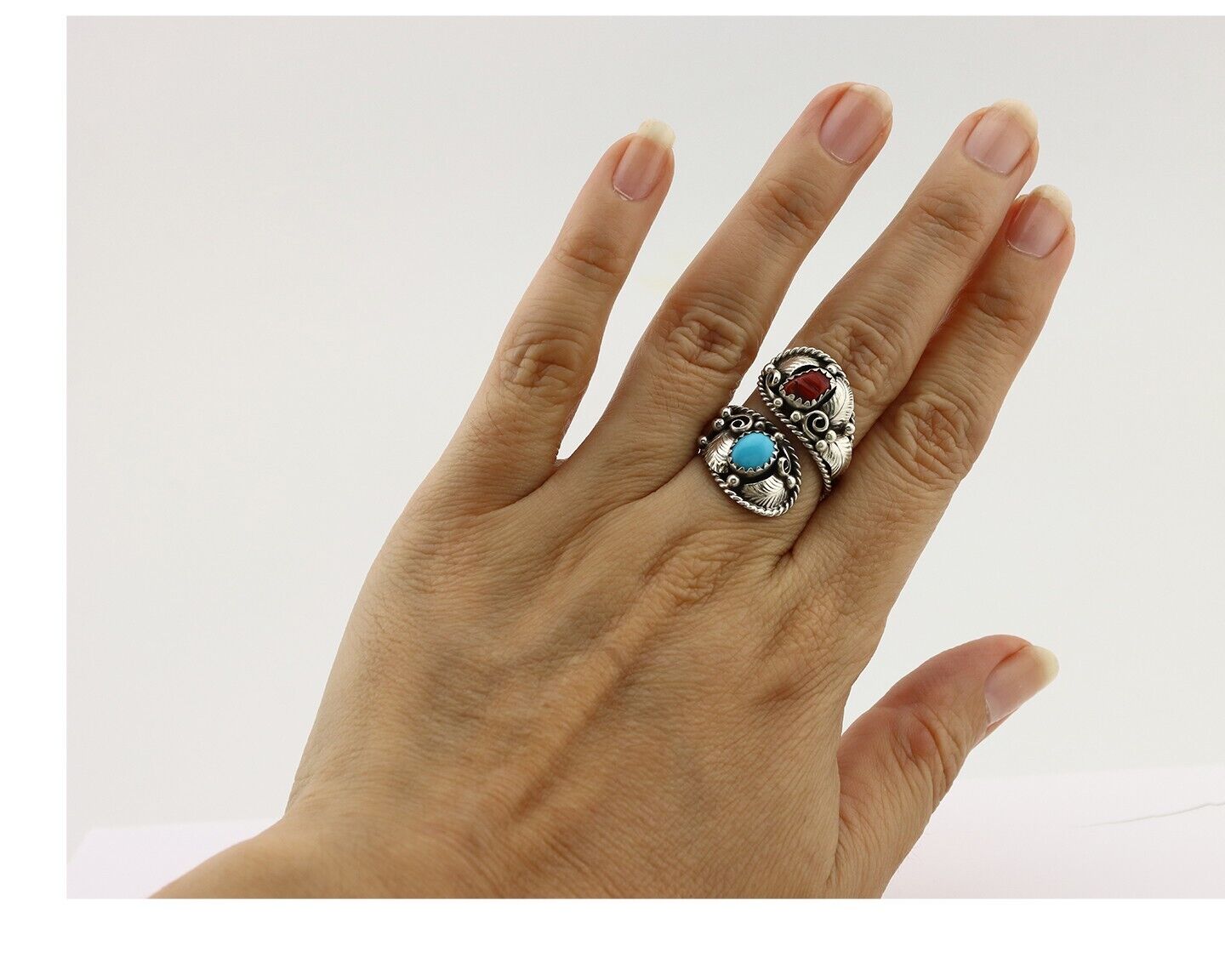 Navajo Adjustable Ring 925 Silver Turquoise & Coral Artist Signed Gecko C.80's