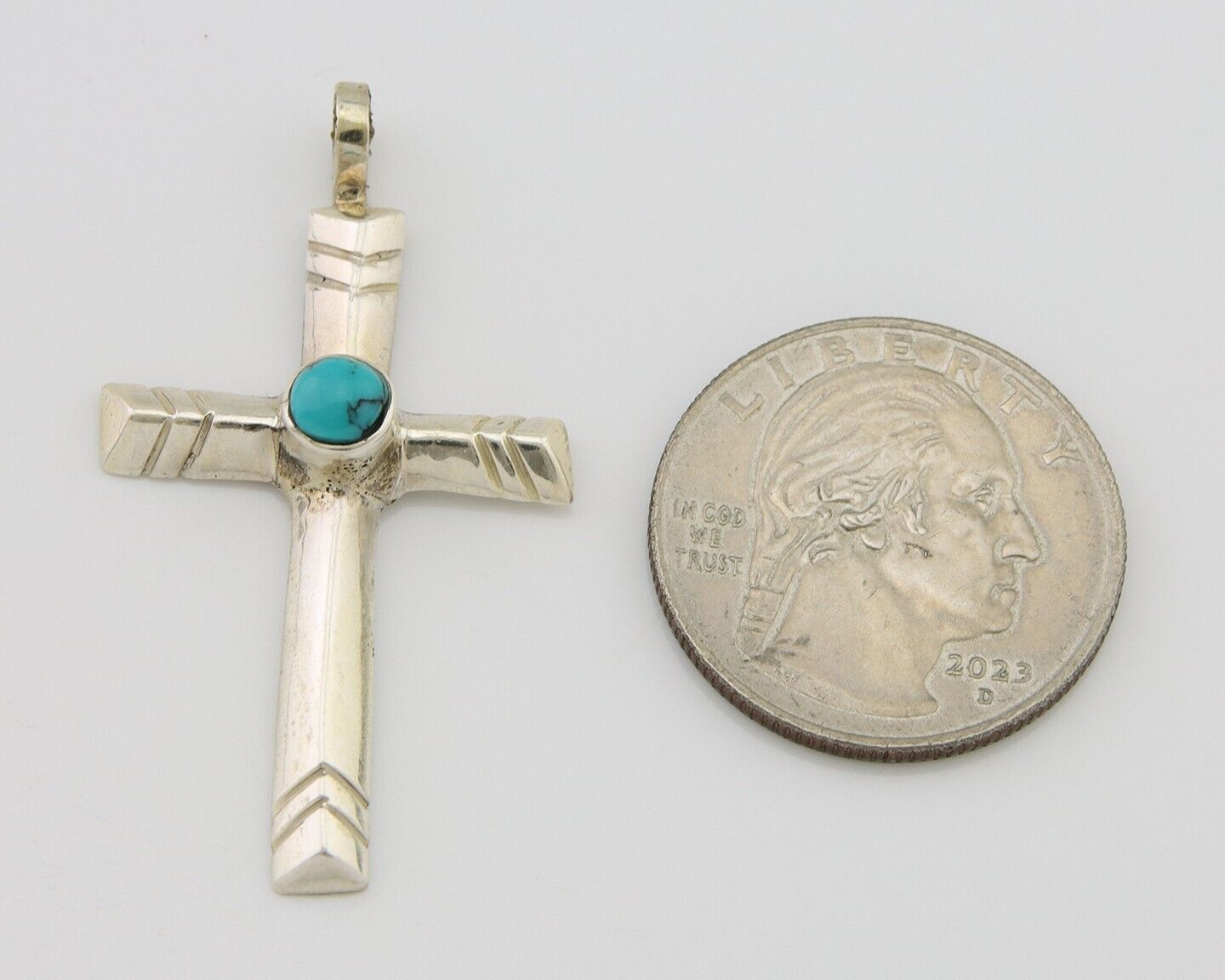 Navajo Sand Cast Cross Pendant 925 Silver Turquoise Artist Signed J Yazzie C.80s