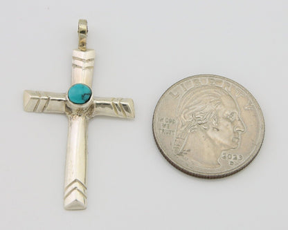Navajo Sand Cast Cross Pendant 925 Silver Turquoise Artist Signed J Yazzie C.80s