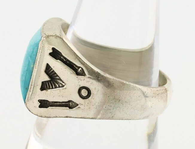 Navajo Ring 925 Silver Kingman Turquoise Signed Sun Bell Silver Company C.80's