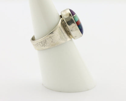 Zuni Inlaid Ring 925 Silver Mixed Natural Gemstones Native American Artist C.80s