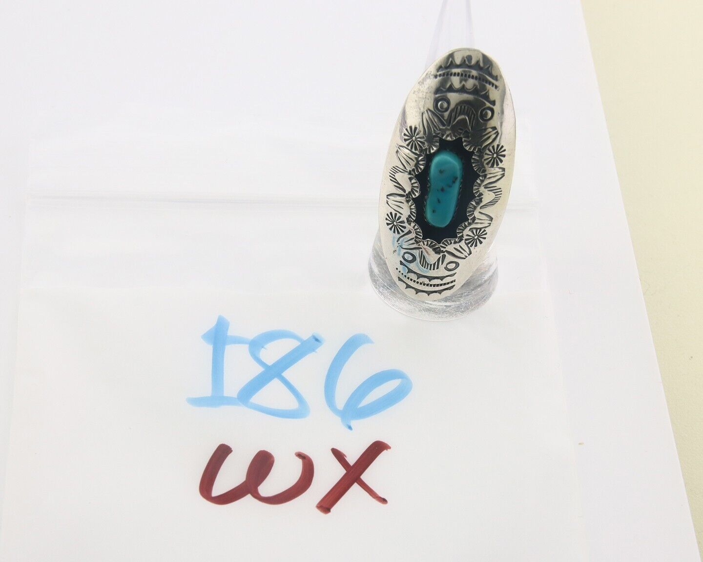 Navajo Ring 925 Sterling Turquoise Hand Stamped Signed J Martinez C.80's Sz 7.5