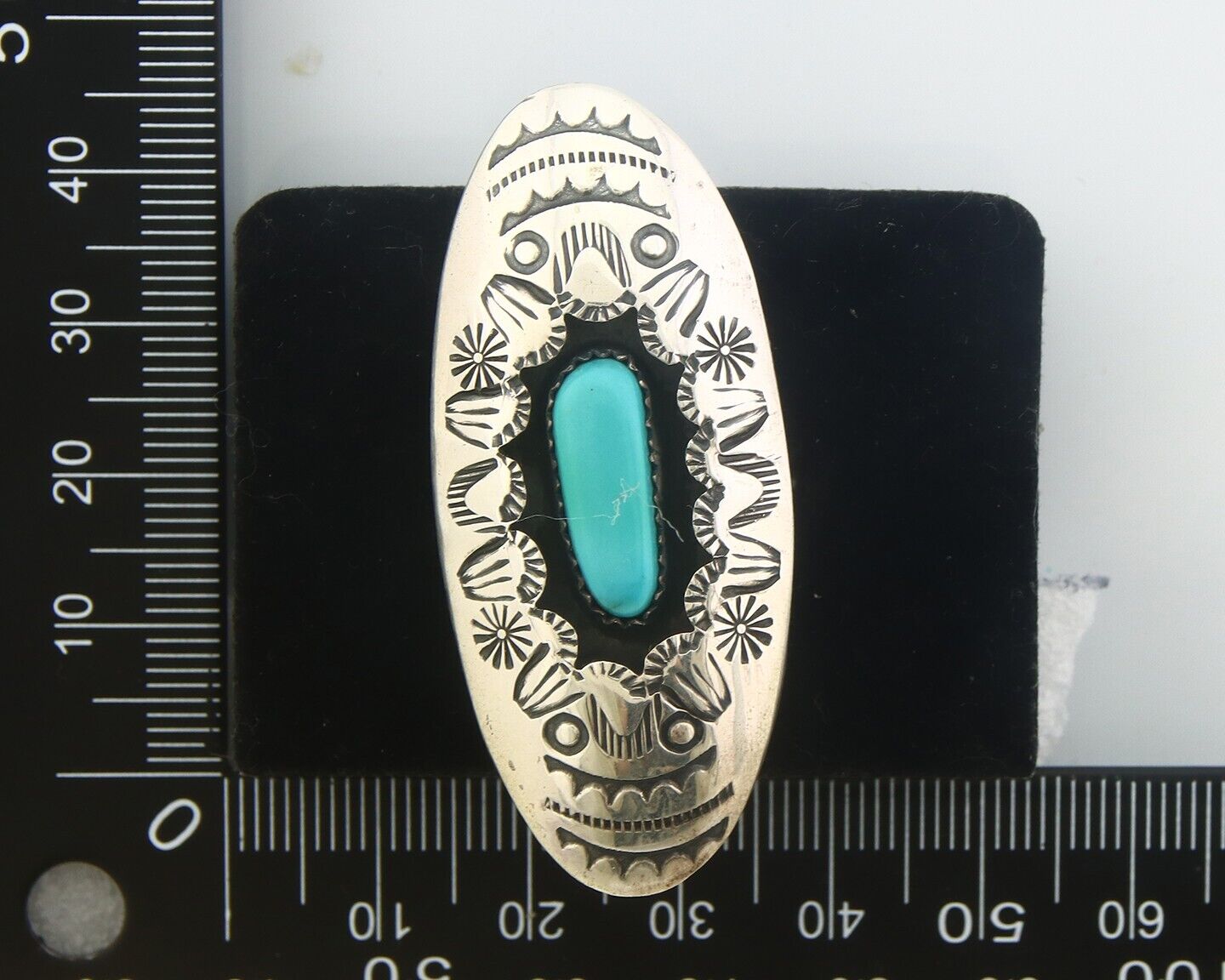 Navajo Ring 925 Sterling Turquoise Hand Stamped Signed J Martinez C.80's Sz 6.75