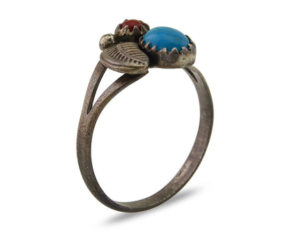 Navajo Handmade Ring 925 Silver Turquoise & Coral Native Artist C.80's