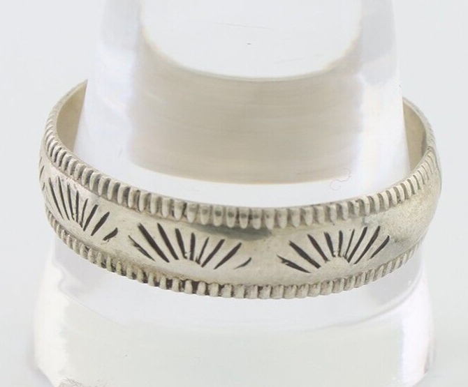 Navajo Hand Stamped Band 925 Silver 6.0 mm Signed Larry Chavez Size 12.75 C.80's