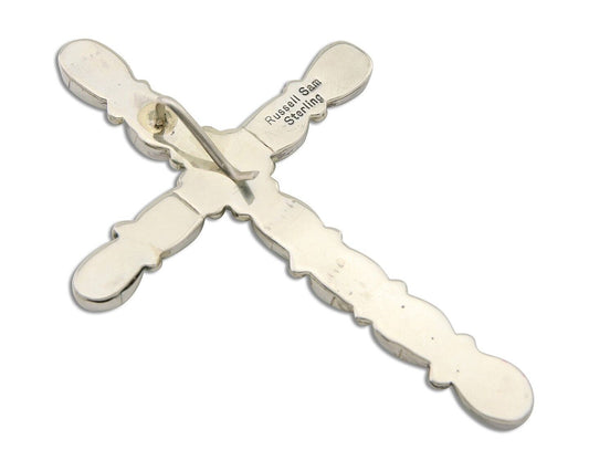 Navajo Cross Handmade Pendant 925 Silver Turquoise Artist Signed Russel Sam C80s