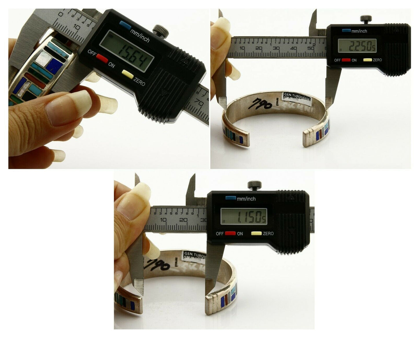 Early Artist David Freeland Inlaid Natural Gemstone .925 SOLID Silver Cuff