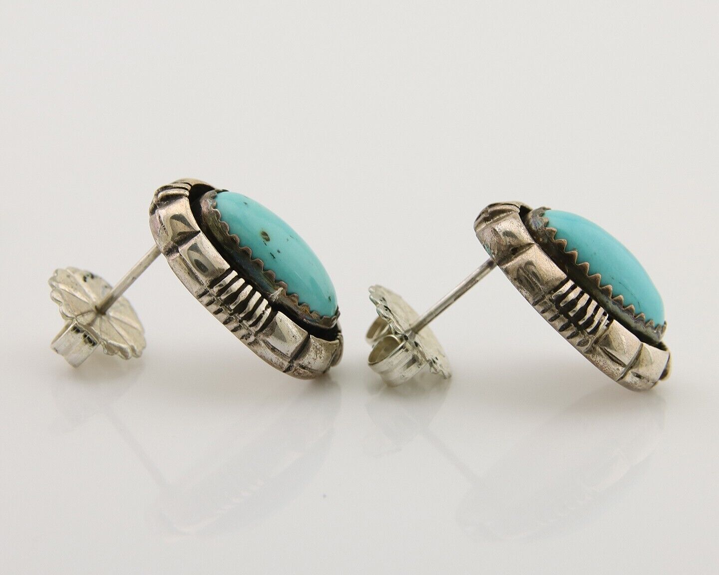 Navajo Earrings 925 Silver Inlaid Natural Turquoise Artist Signed L Yazzie C.80s