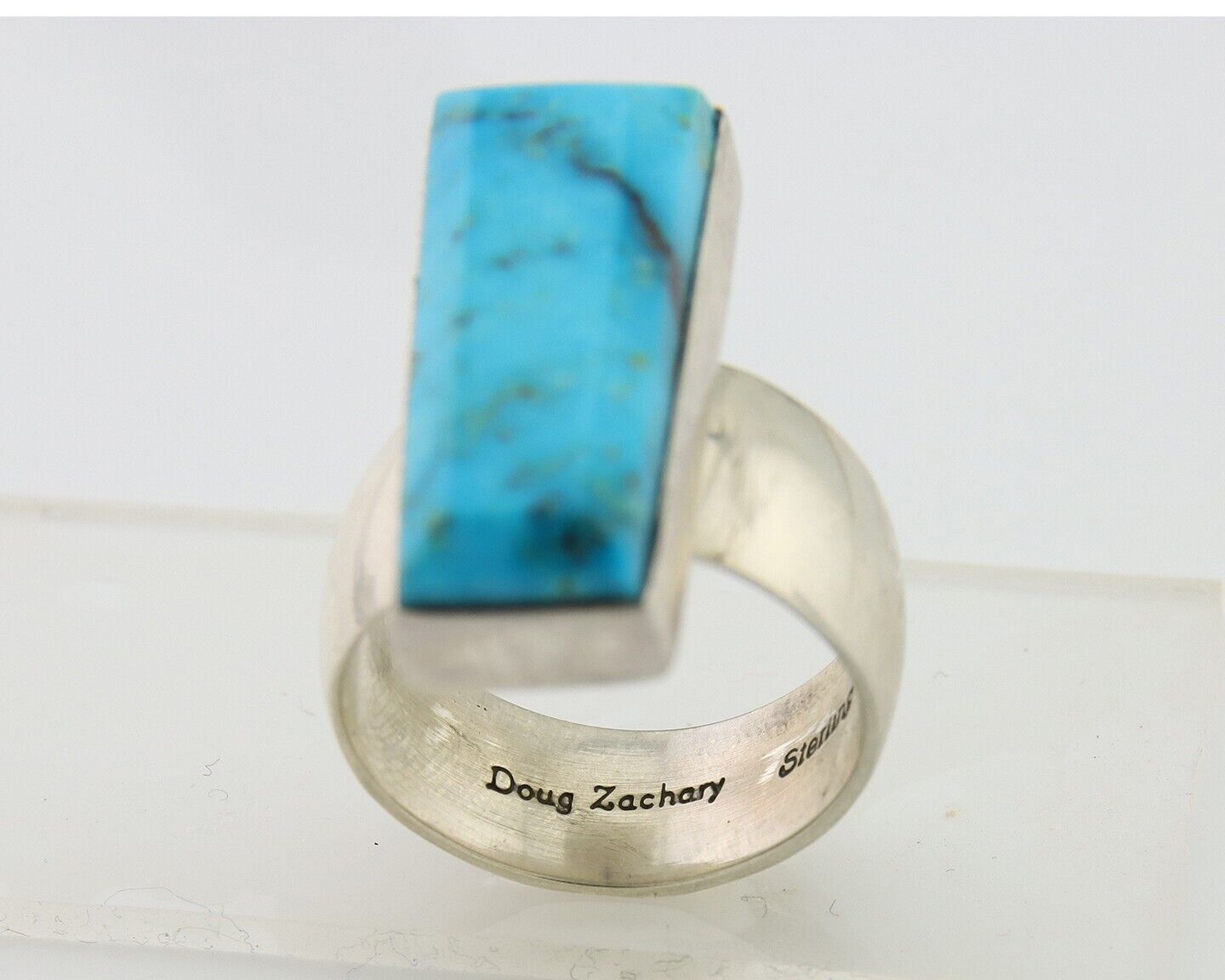 Navajo Ring .925 Sterling Blue Turquoise Artist Signed Doug Zachary C.80's
