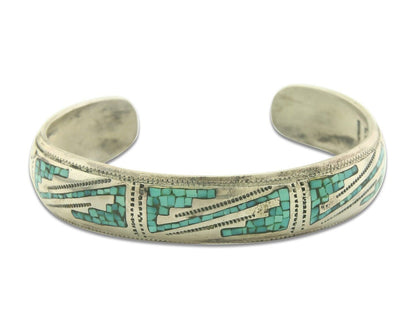 Navajo Bracelet 925 Silver Inlaid Turquoise Cuff Artist Signed LB C.80's