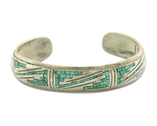 Navajo Bracelet 925 Silver Inlaid Turquoise Cuff Artist Signed LB C.80's