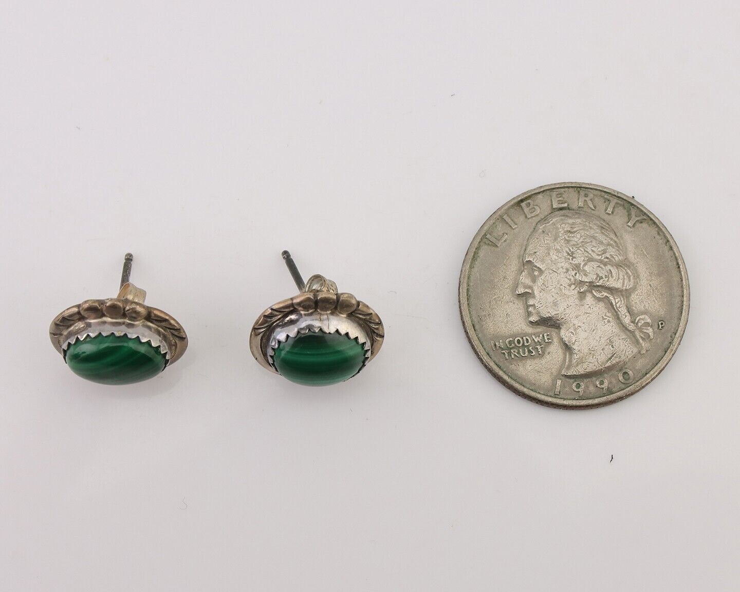 Navajo Earrings 925 Silver Natural Malachite Native American Artist C.80's