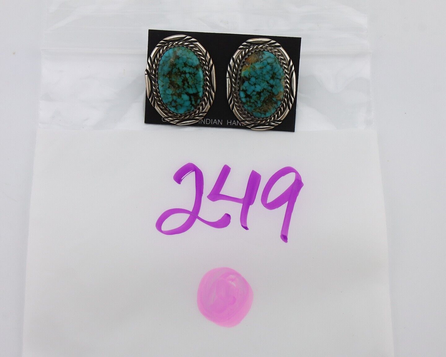 Navajo Hand Stamped Earrings 925 Silver Spiderweb Turquoise Signed M Begay C.80s