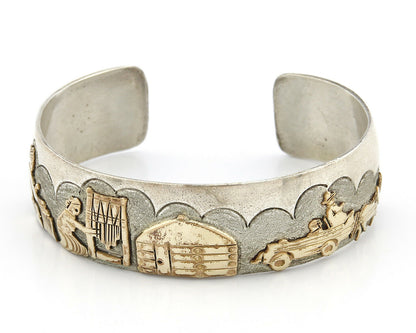 Navajo Artist Signed Jacob Kahe .925 Silver 12k Gold Plate Pictograph Cuff