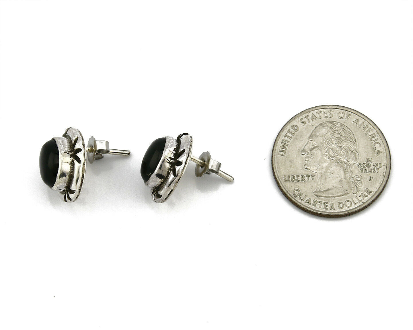 Navajo Hand Stamped Natural Mined Black Onyx .925 SOLID Silver Stud Earrings