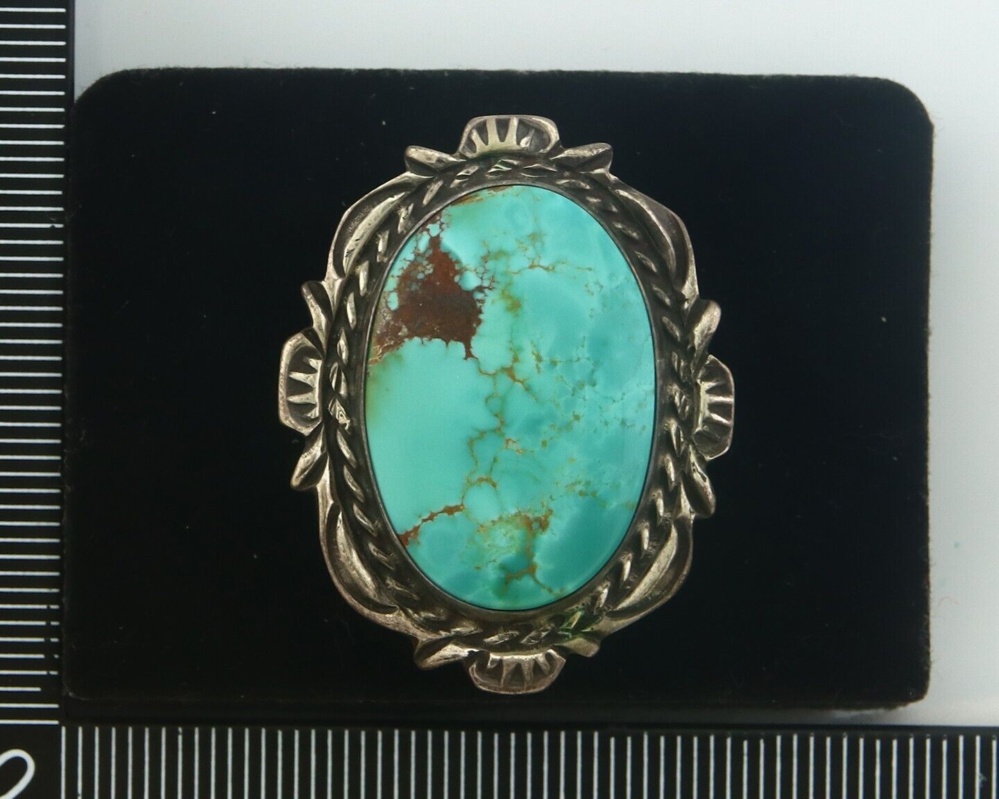 Navajo Ring 925 Sterling Turquoise Handmade Signed TALHAT C.80's Size 8.0