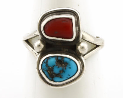 Navajo Ring 925 Silver SB Turquoise & Red Coral Native American Artist C.80s