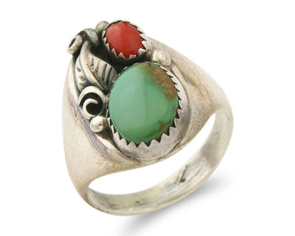 Navajo Ring 925 Sterling Turquoise & Coral Native Artist C.80's Size 8.5