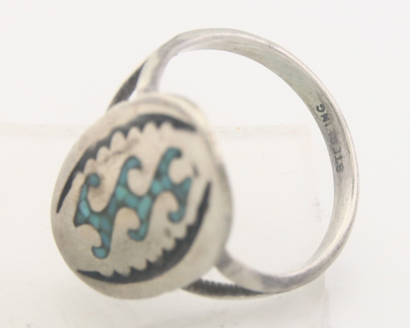 Navajo Ring 925 Sterling Natural Chip Inlay Turquoise C.80's Size 7.0