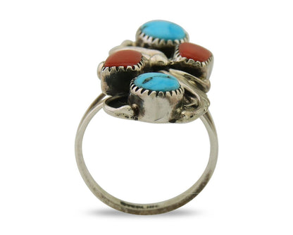 Navajo Handmade Ring 925 Silver Coral & Turquoise Native Artist C.80's