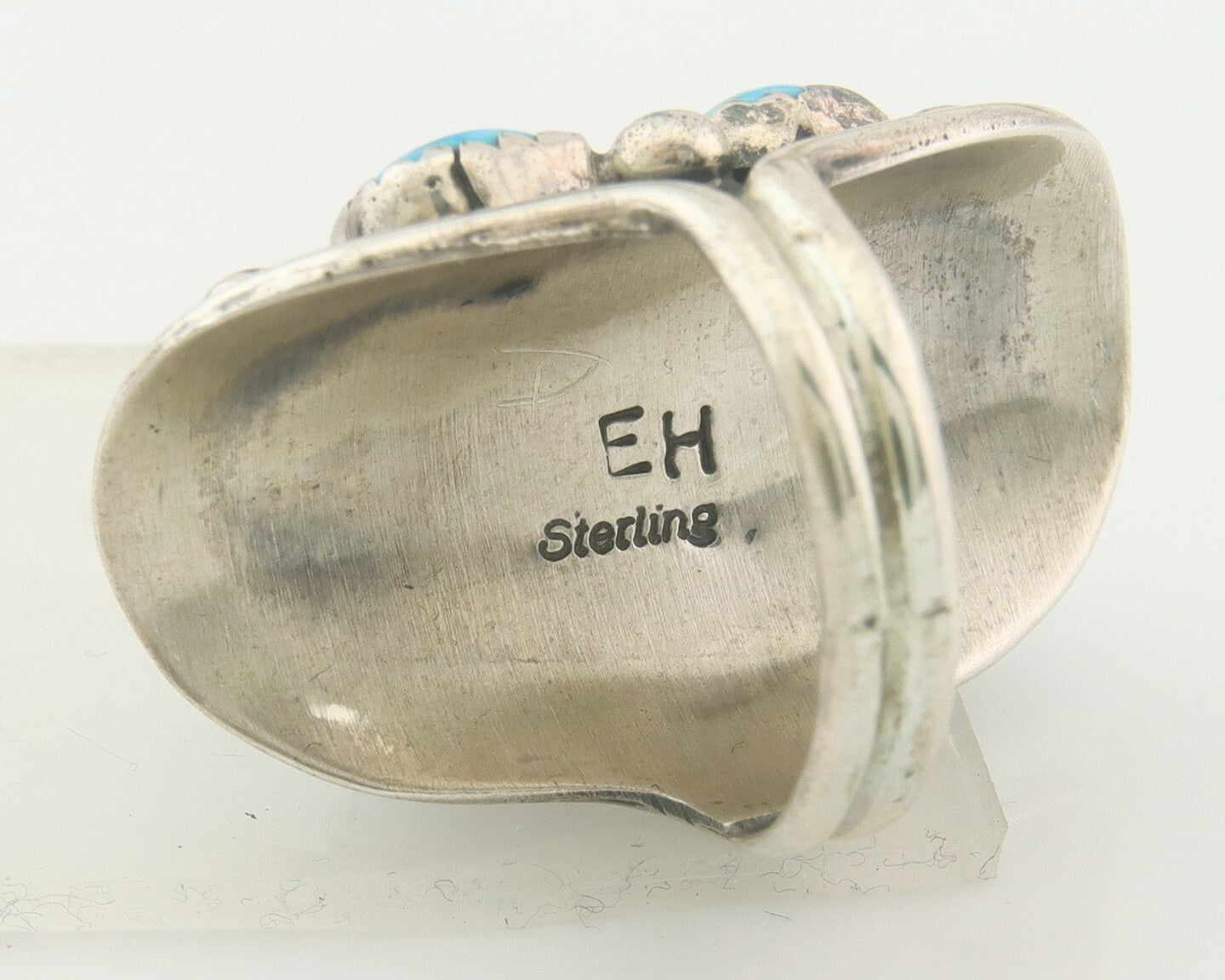 Navajo Ring 925 Sterling Natural Coral & Turquoise Signed EH C.80's Size 5.75