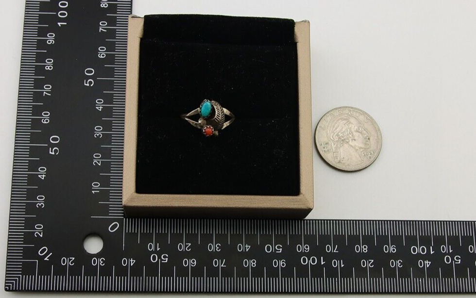 Navajo Handmade Ring 925 Silver Turquoise & Coral Native Artist C.80's