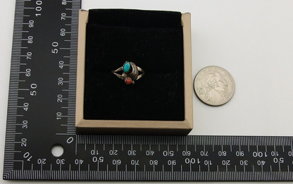 Navajo Handmade Ring 925 Silver Turquoise & Coral Native Artist C.80's