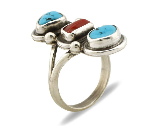 Navajo Ring 925 Silver Sleeping B Turquoise & Coral Native American Artist C.80s