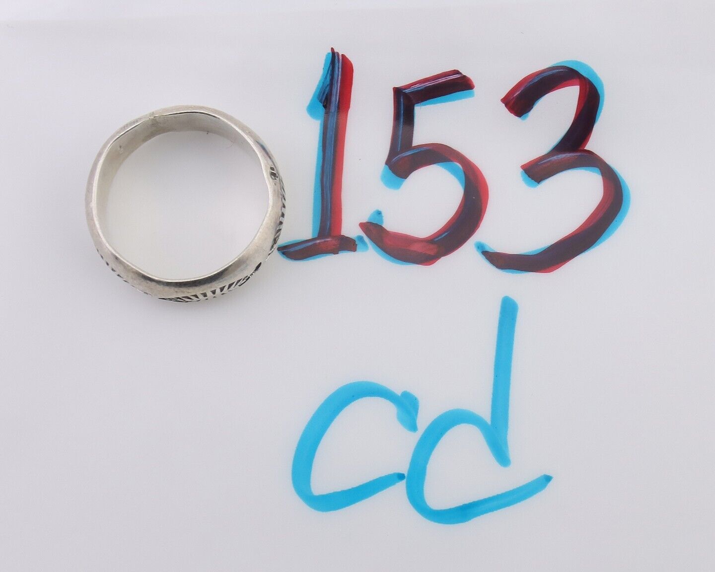 Navajo Hand Stamped Band 925 Silver 6.0 mm Signed Larry Chavez Size 6.5 C.80's