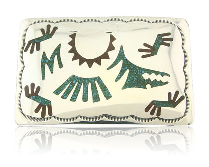 Vintage Navajo Belt Buckle 925 Silver Handmade Inlaid Gemstone Signed HB