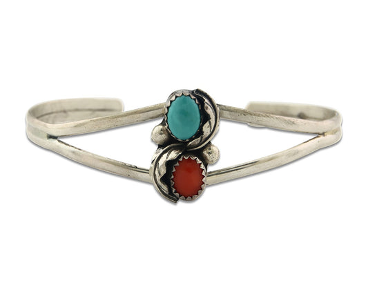 Vintage Navajo Bracelet 925 Silver Natural Red Coral Turquoise Handmade