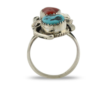 Navajo Ring .925 Silver Turquoise & Coral Artist Signed Justin Morris C.80's